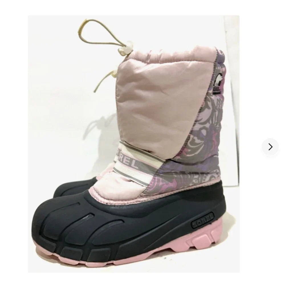 Sorel Girls 6Y Snow Boots Pink Floral Waterproof Winter Rubber Insulated Boot